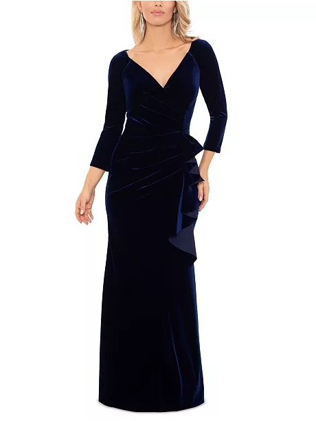 Nwt Xscape Women's Velvet V-Neck Ruffle-Front Long-Sleeve Gown In Navy Blue